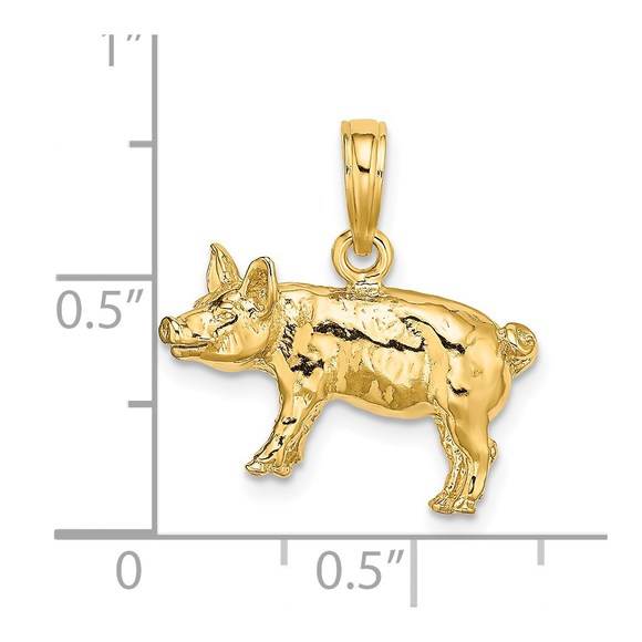 14k Yellow Gold 3-D Textured Farm Farm Animal Pig Piglet Necklace Charm Pendant - Picture 3 of 5